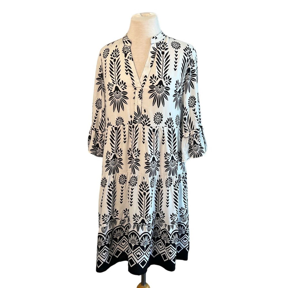 Mile Gabrielle Women's S Black White Boho Floral Print Bell Sleeve Dress‎